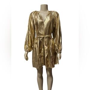 NWT Antonio Melani Rafaella Metallic Split V-Neck Long Sleeves Tie Waist Dress